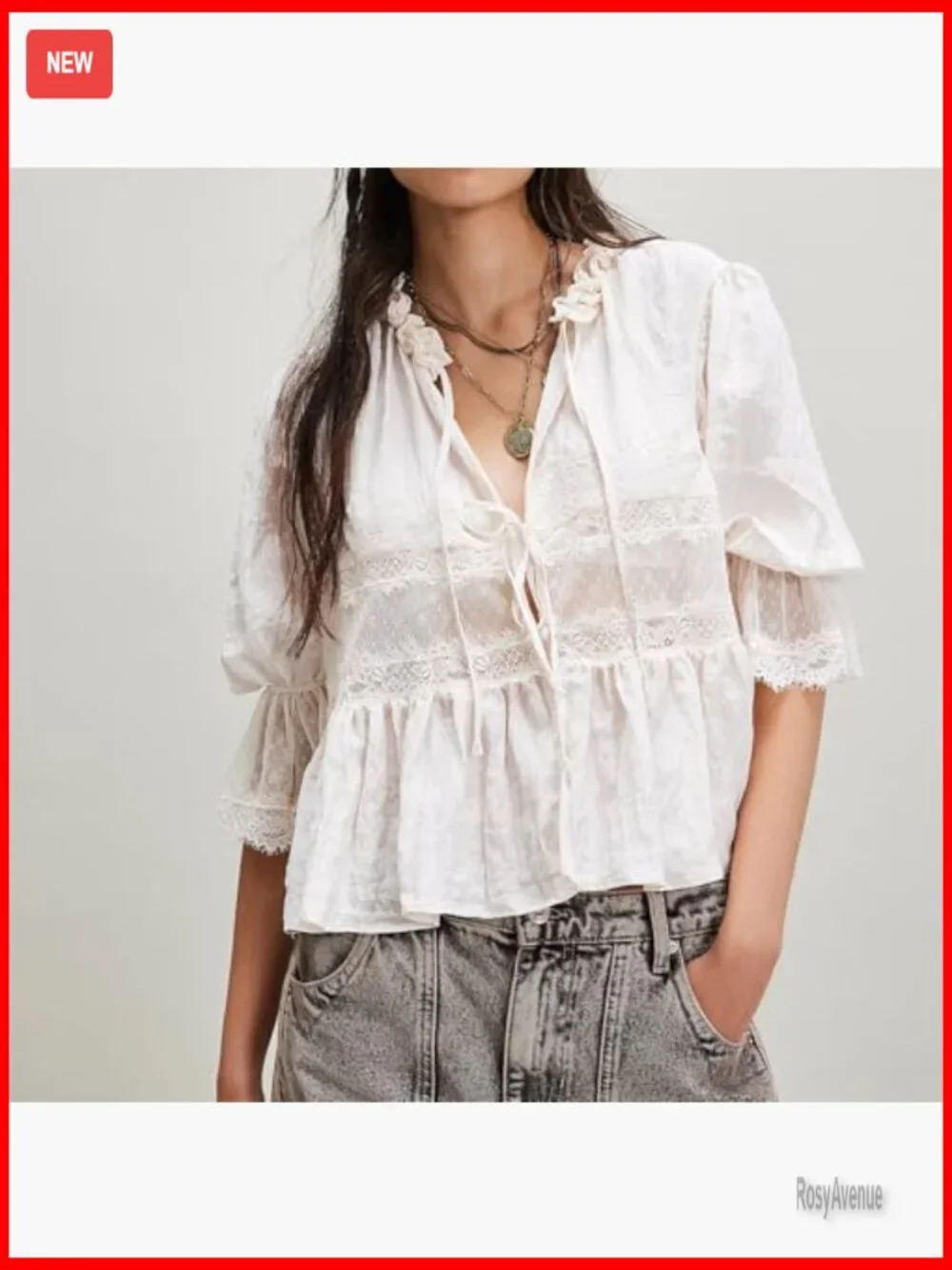 Peplum Blouse Lace Patchwork Tie Front Babydoll Top Cute Going Out Top - Picture 3 of 7